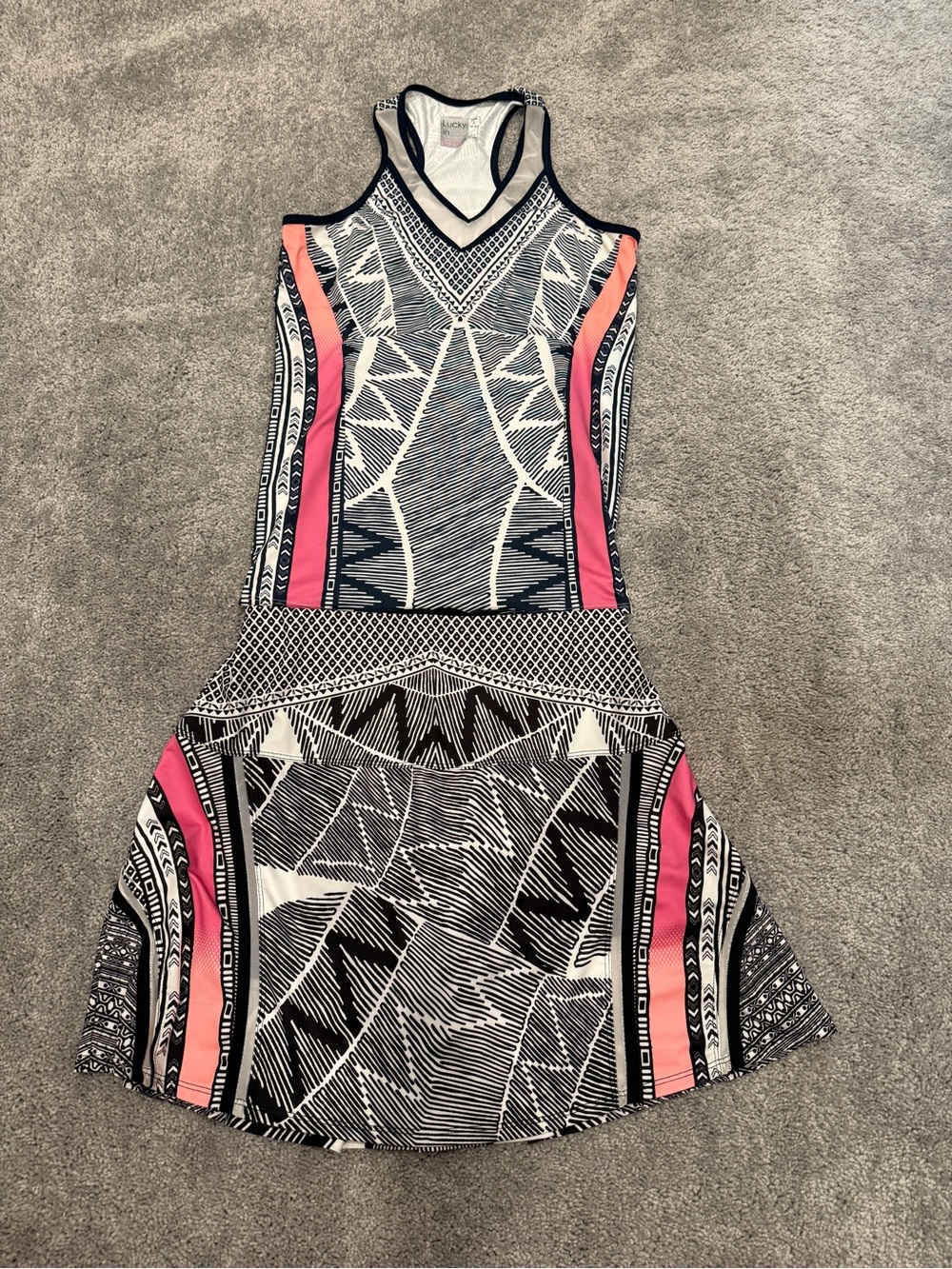 Lucky in Love Black, White and Pink Geometric Athletic Dress